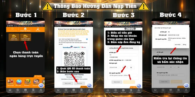 Bước nạp tiền KO66 cho từng giao dịch